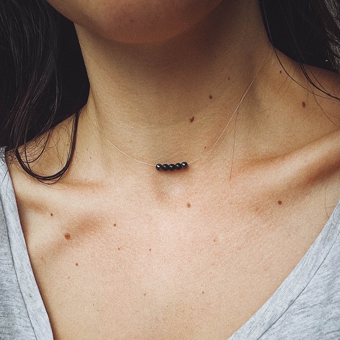 Invisible necklace with hematite & onyx gemstones