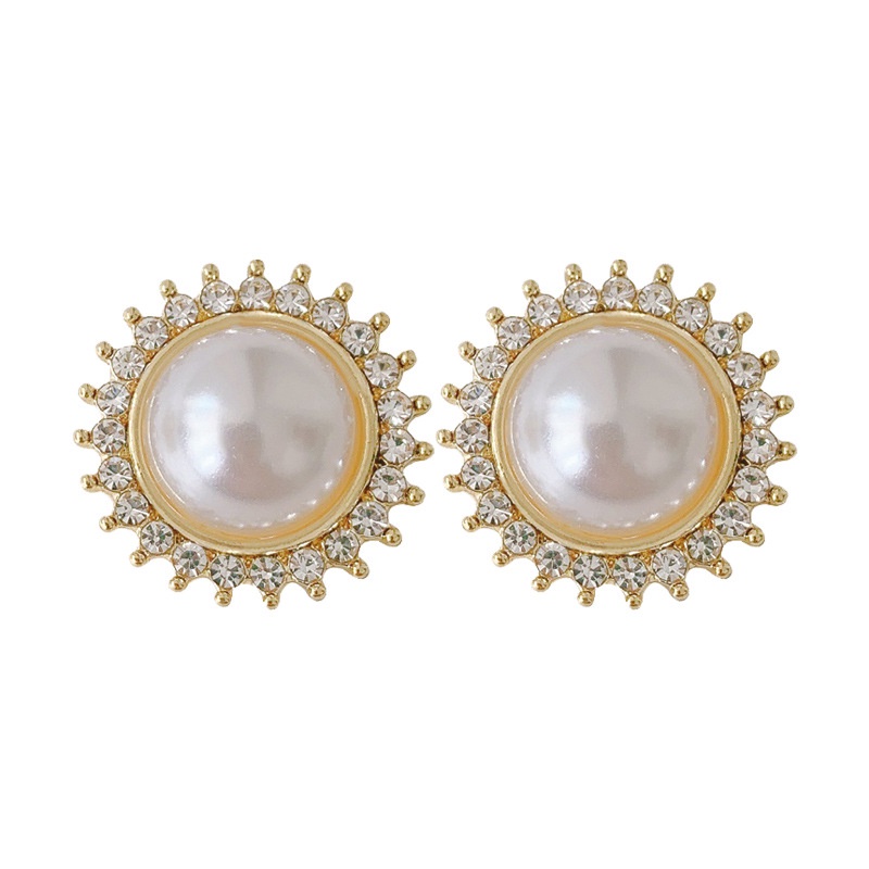 YEEZII Anting Mutiara Kristal Mewah Untuk Wanita Bunga Bulat Emas Stud Earring Aksesoris Perhiasan