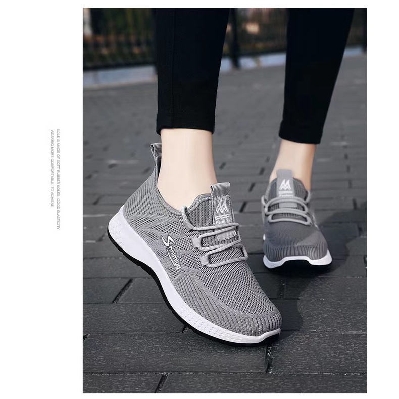 sneakers wanita import sepatu olahraga cewe rajut tali sol ringan