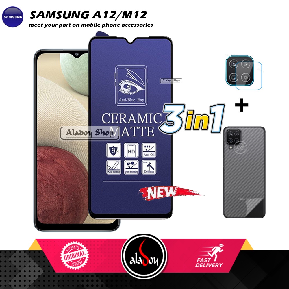 PAKET 3IN1 Anti Gores Blue Matte Anti Glare Samsung A12/M12 + Tempered Glass Camera dan Skin Carbon