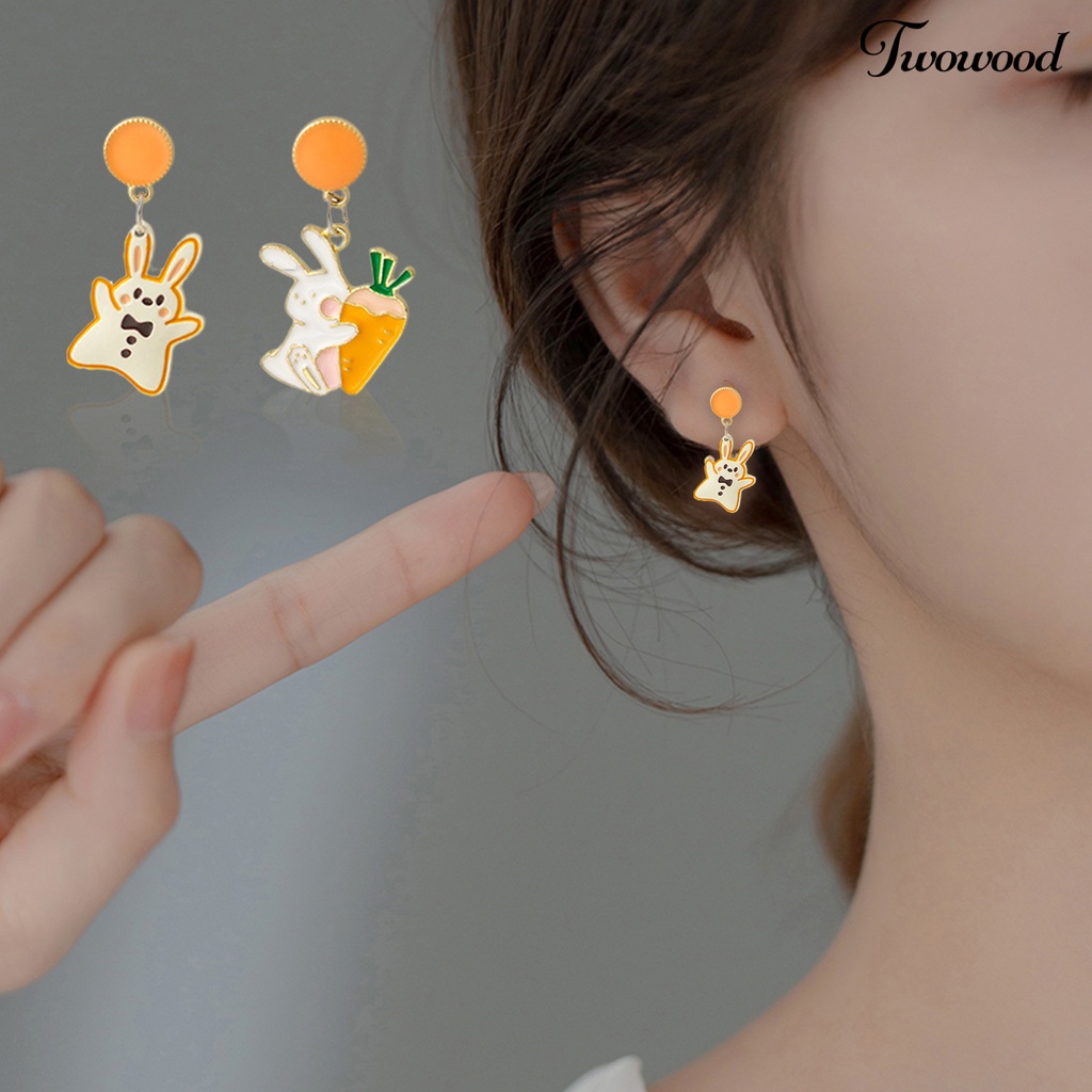 Twowood 1pasang Ear Studs Asymmetric Lucu Mini Hypoallergenic Alloy Hadiah Fashion Perhiasan Kartun Kelinci Wortel Liontin Menjuntai Anting Untuk Pacaran