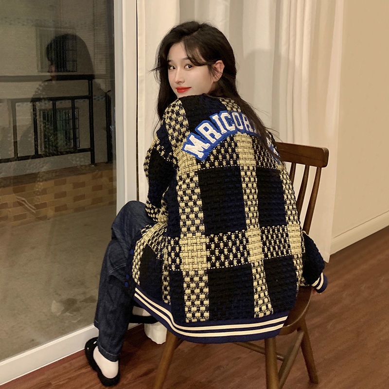 Ukuran Besar Montok Anak Perempuan Plaid Woven Mantel Wanita Retro Longgar Tebal Bisbol Seragam Jake