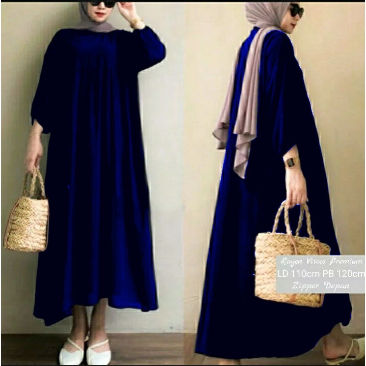 Gamis Midi Dress Polos Rayon Viscos Premium Resleting Depan Jumbo