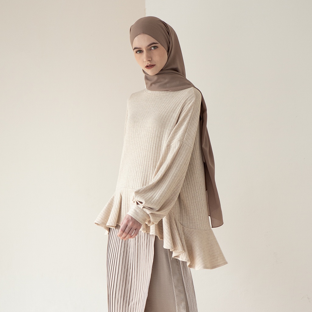 Daru by Aska Label - Atasan katun knit wanita blouse rajut lengan panjang warna coksu cream, abu, biru dusty