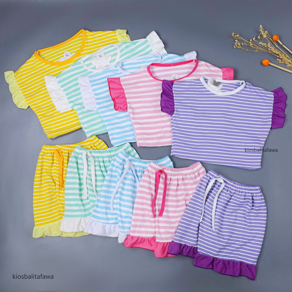 Set Cherry uk Bayi - 4 Tahun / Setelan Pendek Anak Perempuan Kaos Salur Baby Baju Tidur Bayi Celana Pendek Babycinnamon