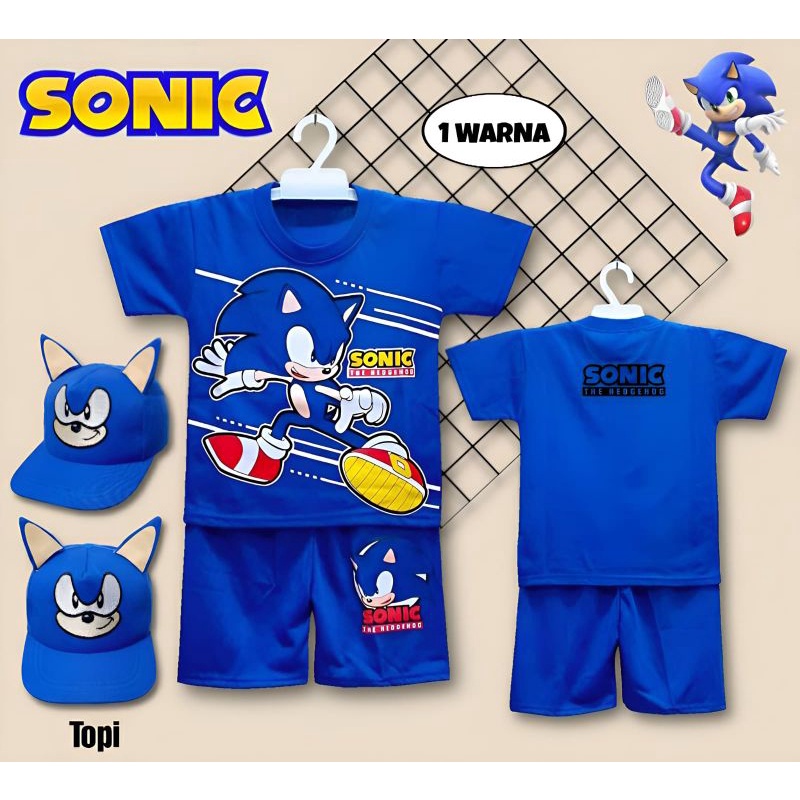 SETELAN ANAK ANIMASI KARTUN SONIC DITAMBAH TOPI USIA 1-10THN/SETELAN SONIC /TOPI SONIC/TOPI TAYO