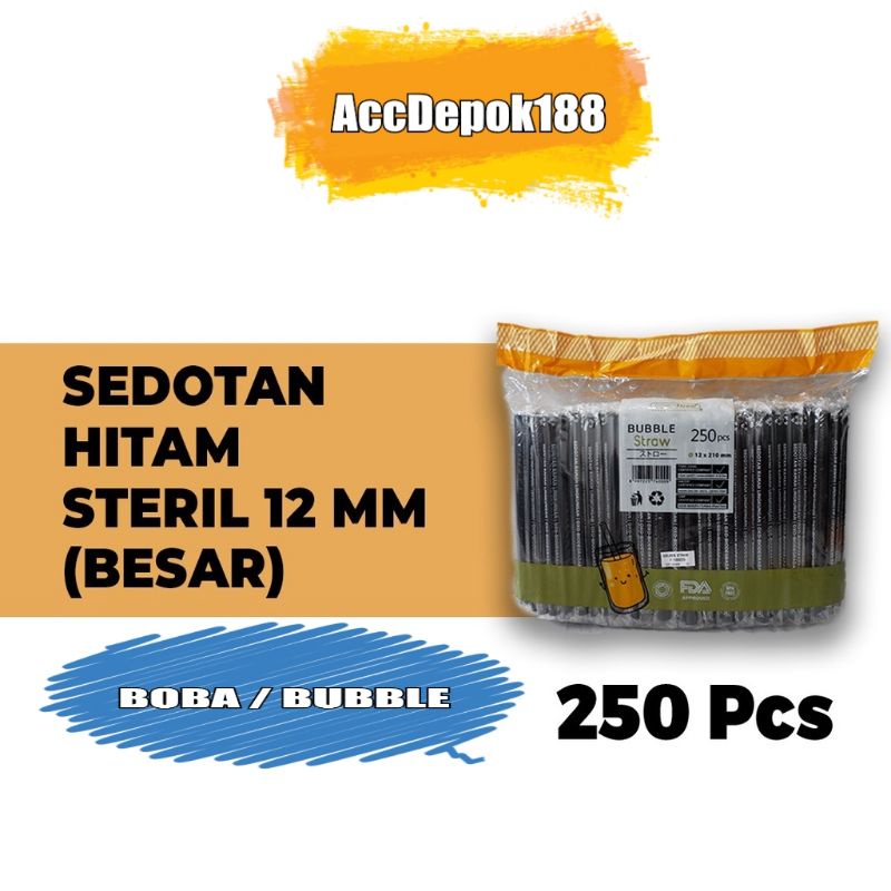 ISI 250 PCS SEDOTAN BUBBLE 12MM PANJANG 21CM / SEDOTAN BOBA 12 21 CM WARNA HITAM
