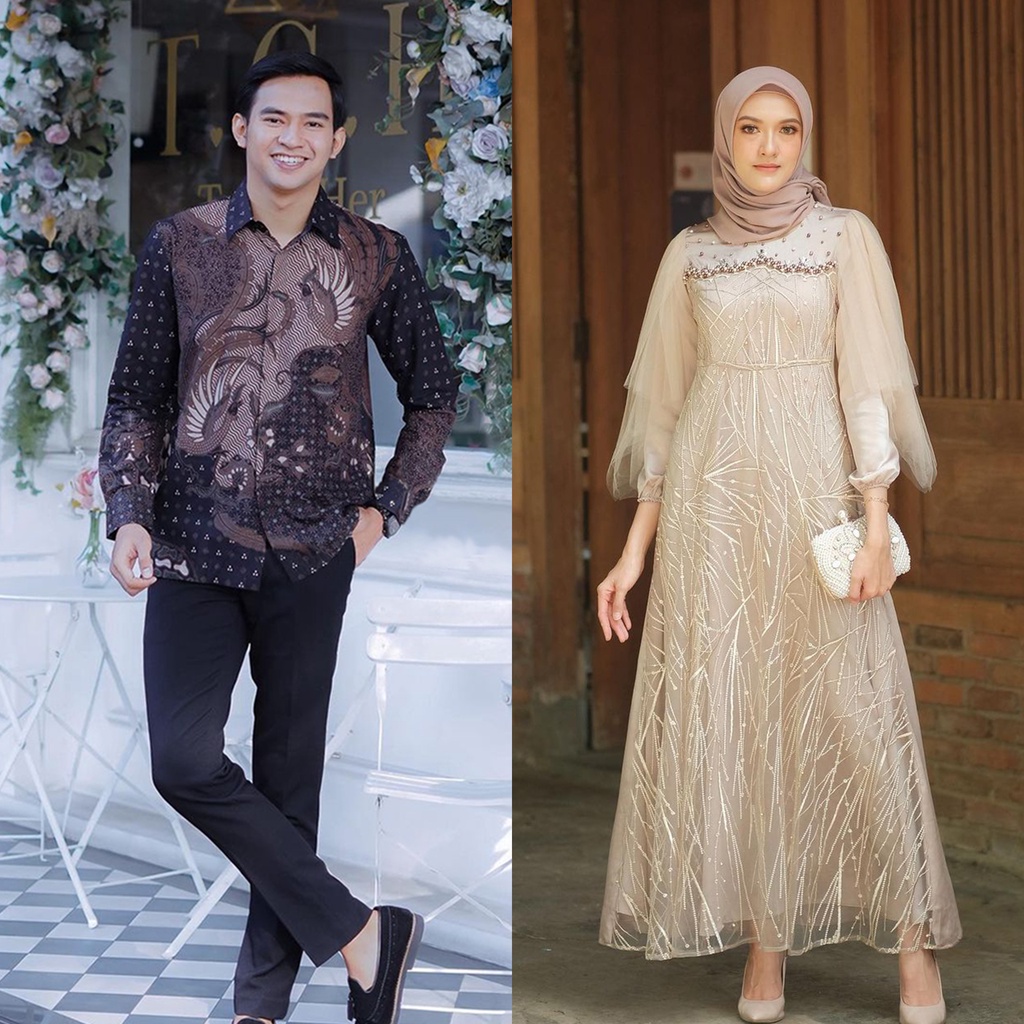 GRIYA BATIK COUPLE - Set Batik Couple Modern - Couple Gamis Radika - Couple Batik Tulle Premium - Couple Lamaran - Batik Wisuda - Dress Brokat Remaja