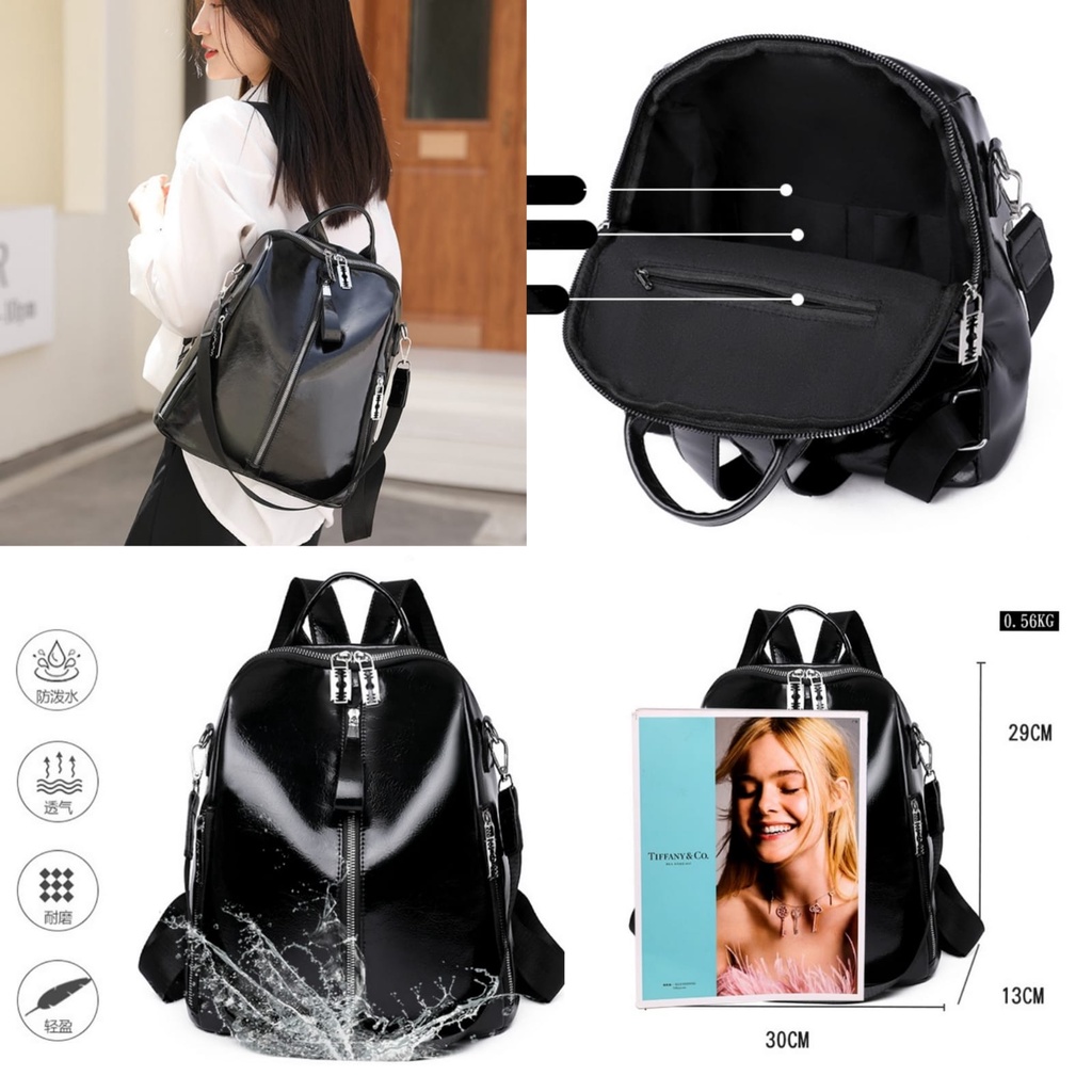 TAS RANSEL WANITA IMPORT GLOSSY KULIT HITAM BACKPACK ALSACE TA720B5 KOREA SEKOLAH KEKINIAN SIMPLE CASUAL GENDONG PUNGGUNG KULIAH KERJA CEWEK MURAH BRANDED FASHION REMAJA  BATAM PREMIUM