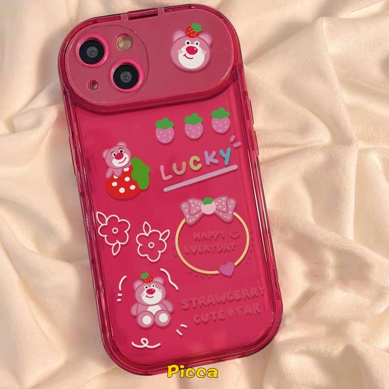 IPHONE Flip Make Up Cermin Disney Toy Story Losto Alien Case Kompatibel Untuk Iphone11 14 12 13 Pro MAX 7 8 14 Plus XR X XS MAX SE 2020 Beruang Strawberry Lucu Dengan Ornamen Boneka 3D Soft Case