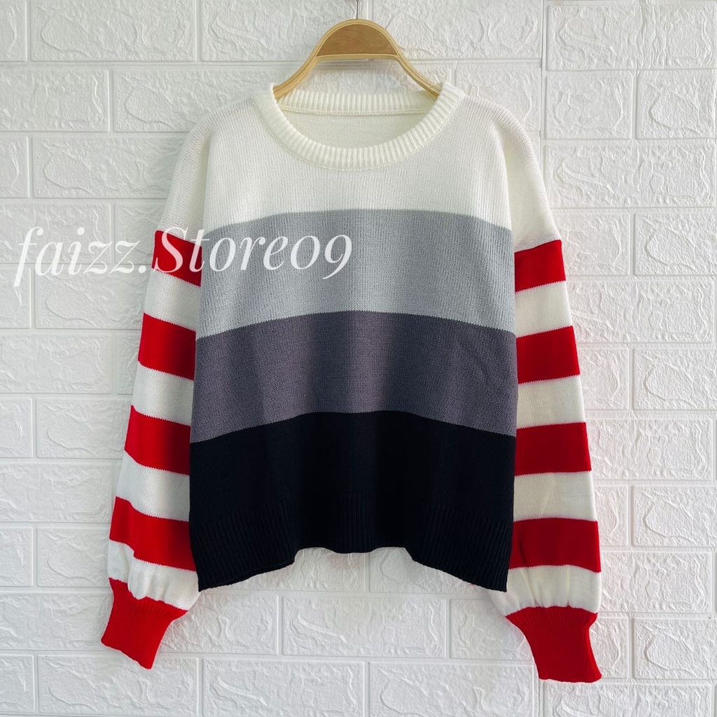 MELANDA SWEATER RAJUT STIRIPE BLASTER ATASAN WANITA LENGAN PANJANG