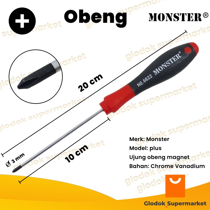 Obeng Plus 4 inch Monster Diameter 3mm Panjang Besi 10cm Gagang Karet Magnet