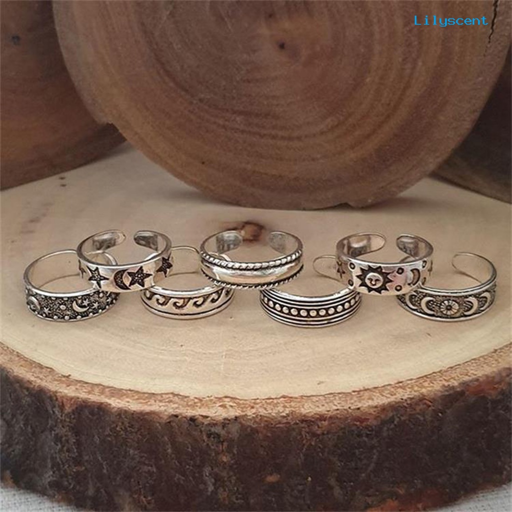 [LS]7Pcs Cincin Jari Kaki Perhiasan Pembukaan Bulan Bintang Bohemian Electroplating Toe Rings Untuk Pantai