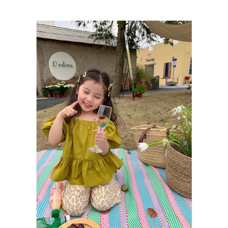 Setelan Anak Perempuan Import Celana Flower Green Korean Style