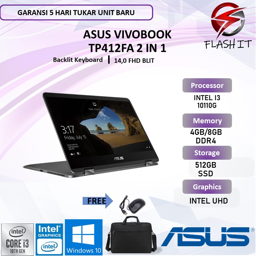 Laptop ASUS VivoBook Flip TP412FA 2in1 Touch i3 10110 8GB 512ssd W10 Ips