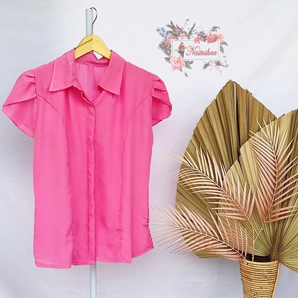 Baju Atasan Kemeja Model Lengan Kelopak Pendek Polos Warna Pink Kerja Kantor Kuliah Fashion Cewek Wanita Murah Blouse Lengan Tulip Korean Style