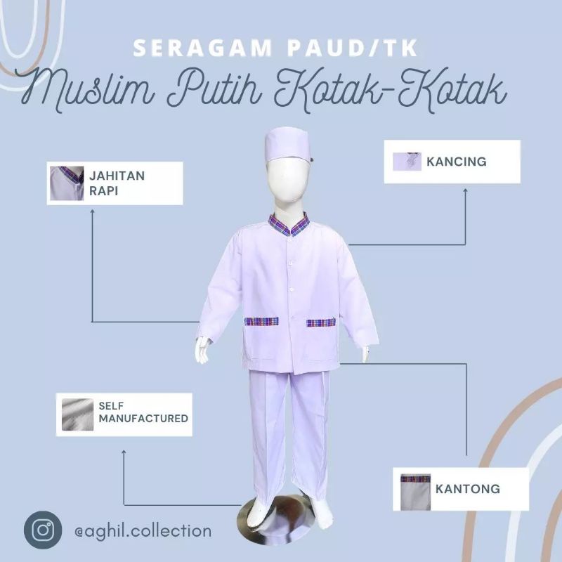 SERAGAM TK/PAUD MUSLIM PUTIH BAJU TK/PAUD MUSLIM PUTIH KOMBINASI KOTAK-KOTAK UNGU