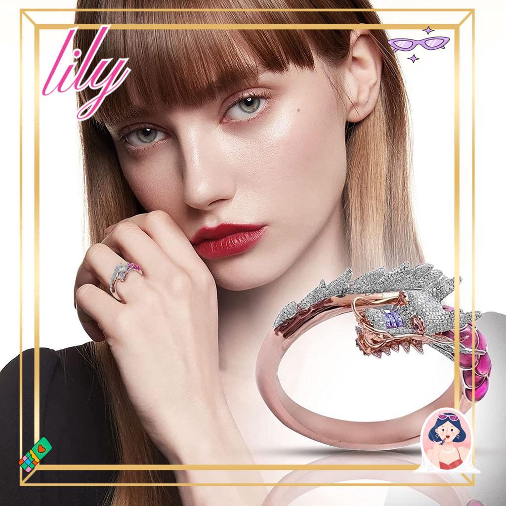 LILY Cincin Kepala Naga Aksen Batu Permata Warna Rose Gold Untuk Wanita