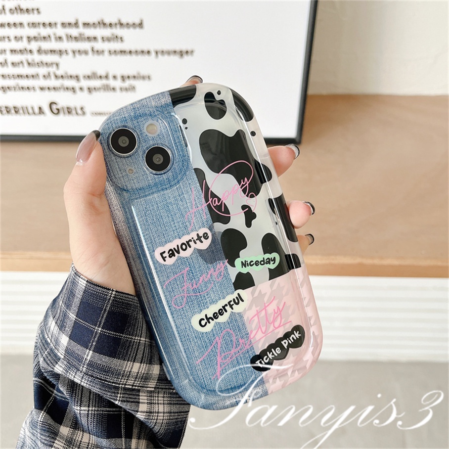 Compatible For IPhone 14 13 12 11 Pro Max X XR Xs Max 8 7 Plus SE 2020 Kompatibel Untuk Denim Cow Milk Phone Case Bening TPU Lembut Cover Pelindung