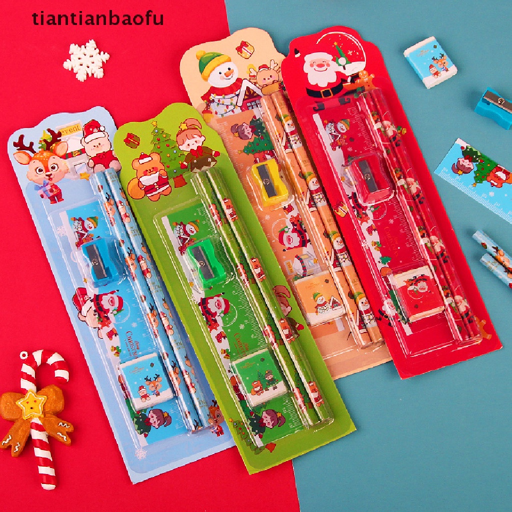 [tiantianbaofu] 5pcs /Set Lucu Kartun Stationery Set Natal Stationery Set Pensil Pengasah Penghapus Penggaris Set Hadiah Alat Tulis Siswa Hadiah Hari Anak Butik