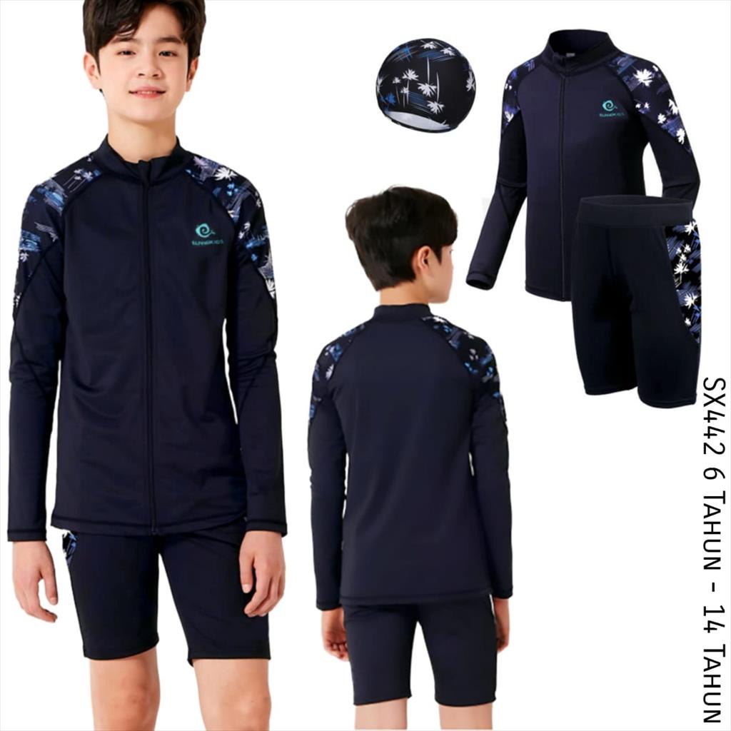 (MARALICRAFT) SX442 Baju Renang Swimsuit Anak Set Lengan Panjang Boys Black Tree