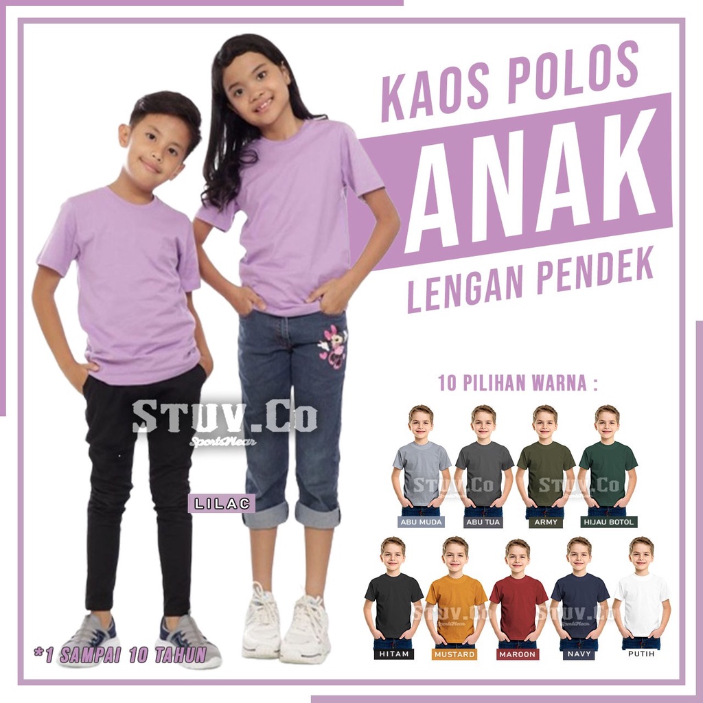 KAOS ANAK LENGAN PENDEK POLOS BAHAN COTTON COMBED 30s USIA 1 SAMPAI 10 TAHUN UNISEX