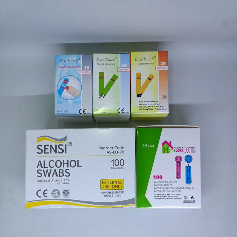 Strip easy touch paket + alkohol swab + blood lancet stik test darah