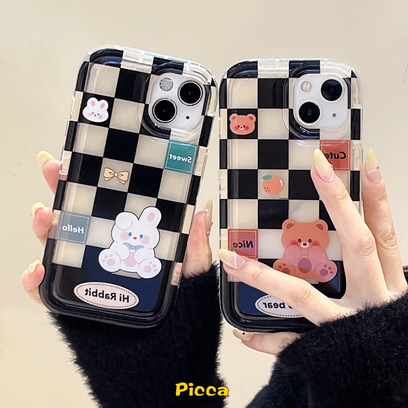 IPHONE Casing Pasangan Beruang Kelinci Lucu Kotak-Kotak Kompatibel Untuk Iphone11 14 13 12 Pro MAX 7Plus 8Plus XR 78 6 6S Plus X XS MAX Shockproof Airbag Casing Soft TPU Lovers Phone Case