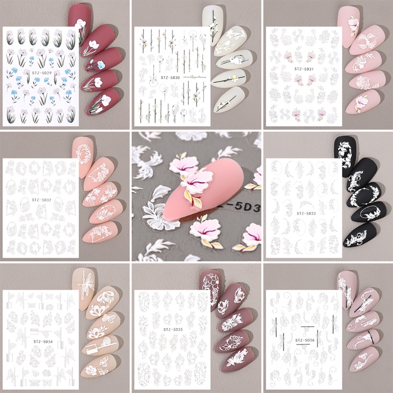 5d Bunga Putih Stiker Kuku Desain Pernikahan Sederhana Salju Timbul Perekat Diri Manicure Slider DIY Kuku Decals Accesories