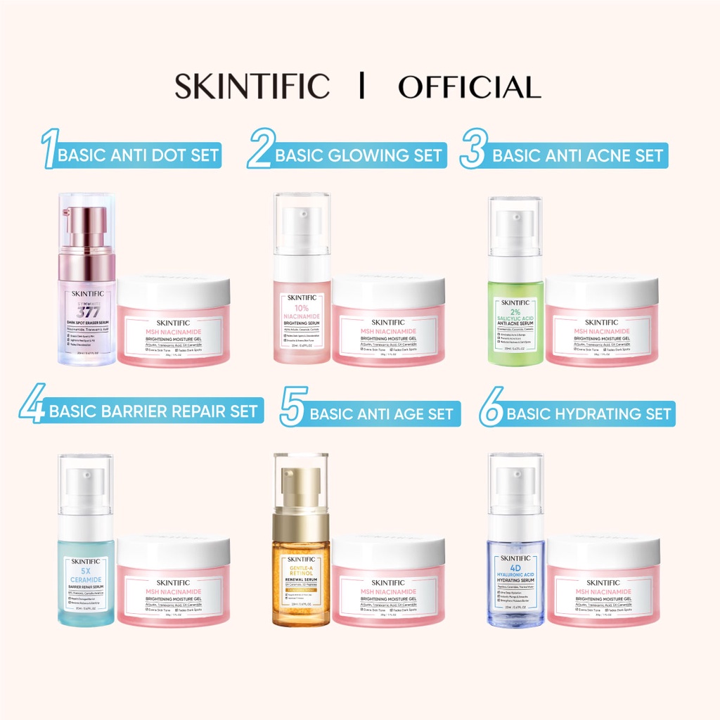 SKINTIFIC 2pcs Brightening Set Serum + MSH Niacinamide Moisturizer paket skincare Whitening Moisture Gel + Anti Dark Dot Serum /Glowing Serum /Anti Acne Serum / Skin barrier Repair Serum / Hydration Serum