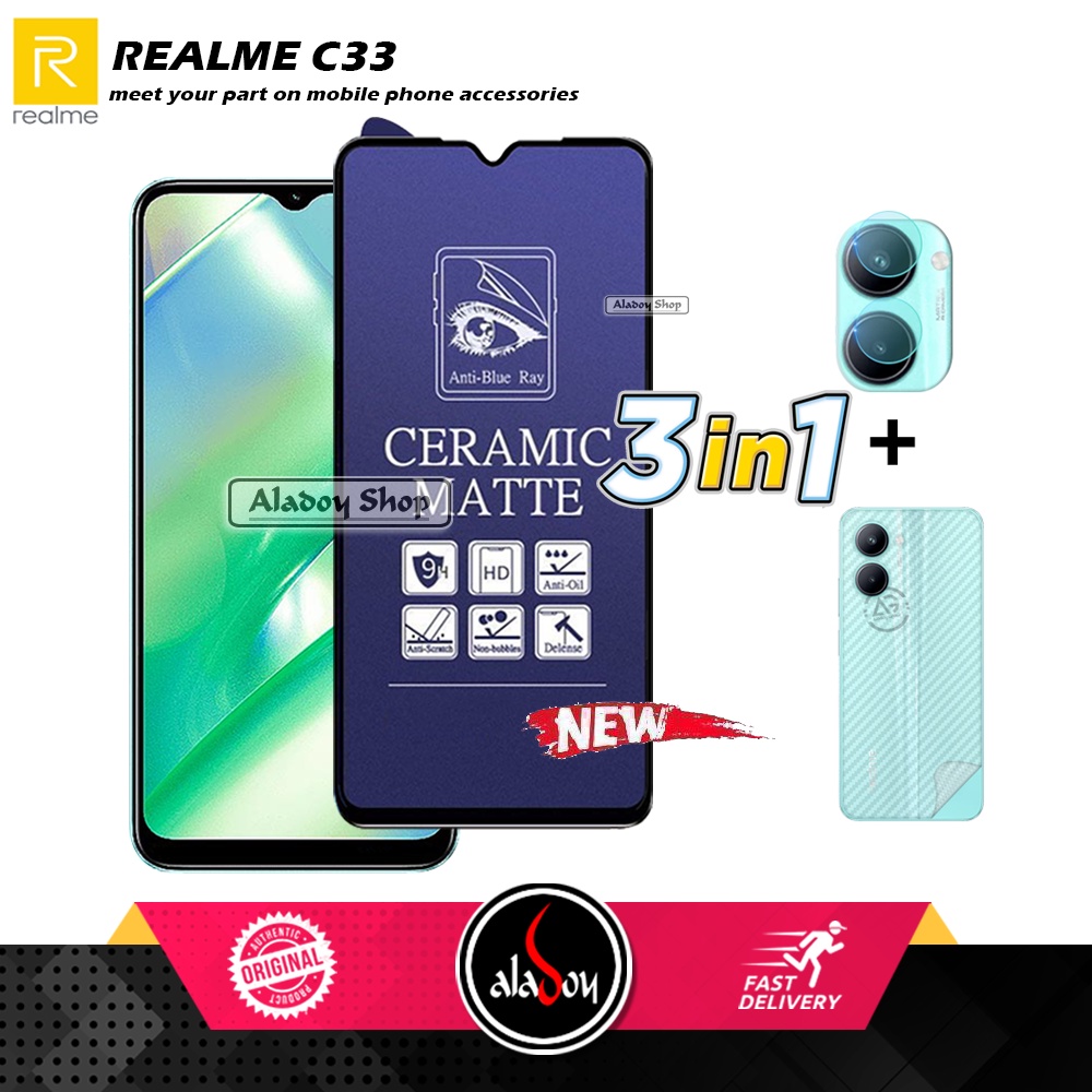 PAKET 3IN1 Anti Gores Blue Matte Anti Glare Realme C33 + Tempered Glass Camera dan Skin Carbon