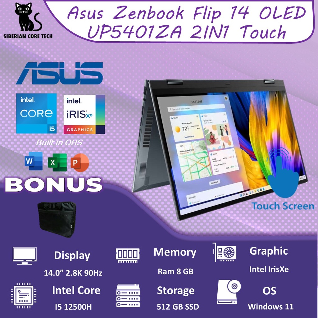 ASUS ZENBOOK FLIP 14 OLED UP5401ZA OLEDS551 TOUCH I5 12500H 8GB 512SSD IRISXE W11+OHS 14.0 2.8K 90HZ 2IN1 NPAD FP PEN GRY