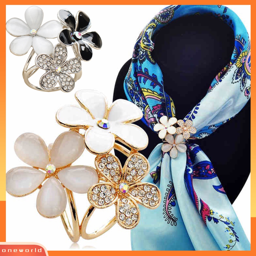 OW@ Women Shiny Rhinestone Inlaid Flower Scarf Ring Clip Holder Brooch Pin Buckle