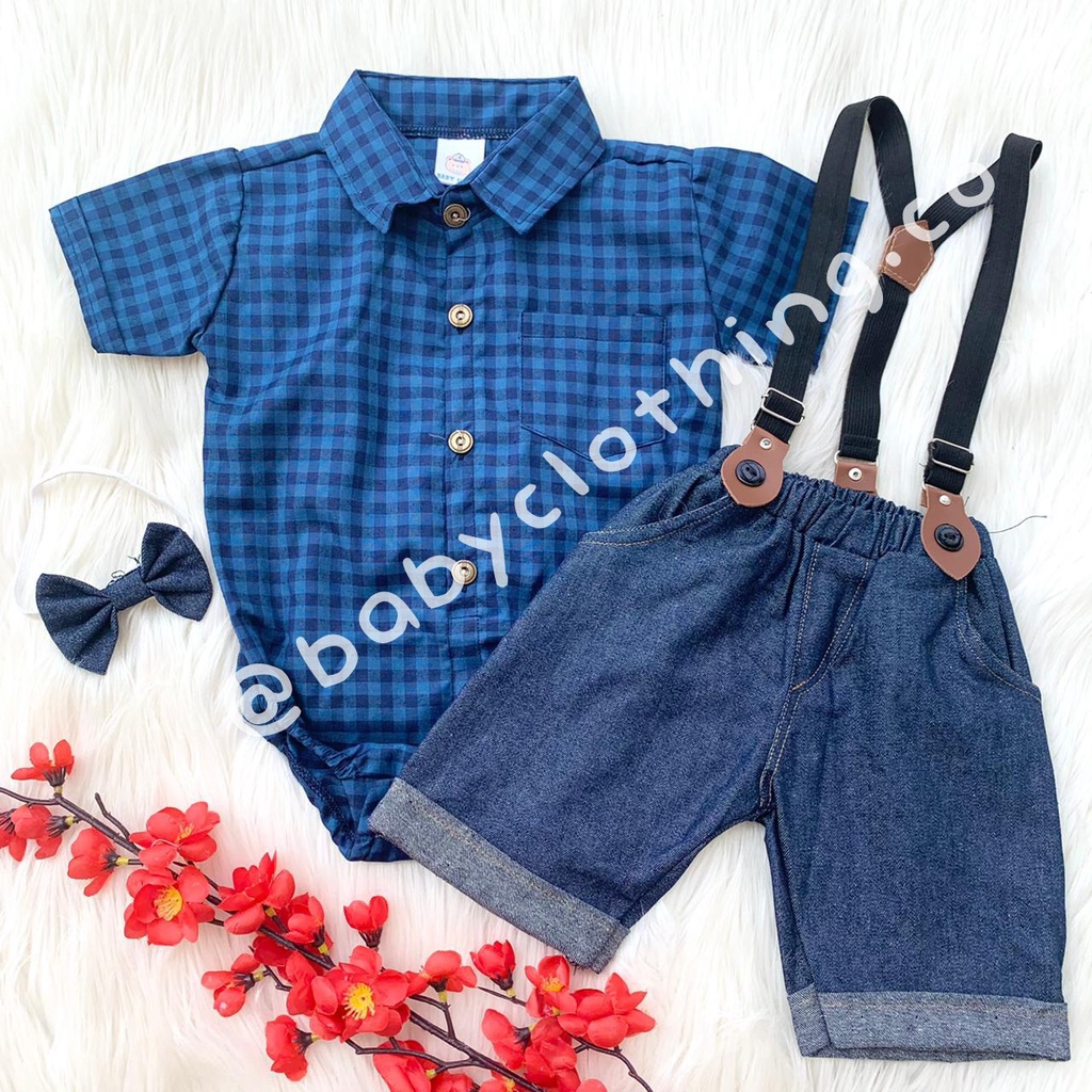 Baju setelan jumper celana suspender kotak fashion anak bayi lakilaki cowok murah bestseller -jef