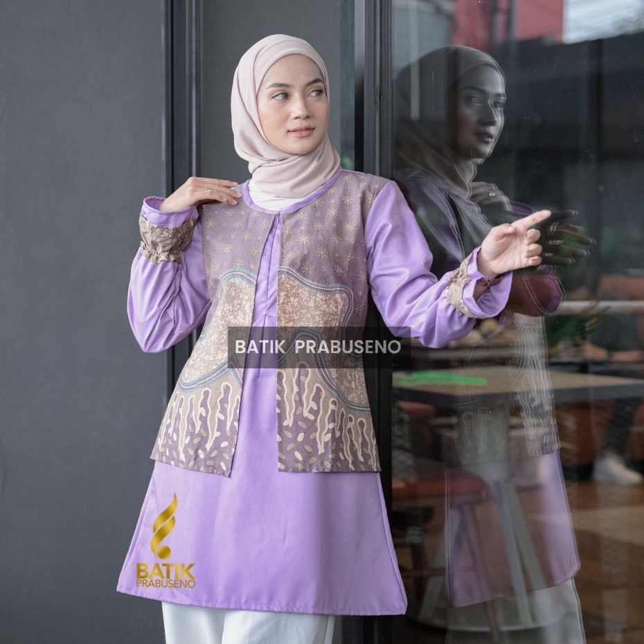 ERISA UNGU Tunik Batik Wanita PRABUSENO Modern Asli Lengan Panjang Katun Halus Seragam Kerja Kantor 