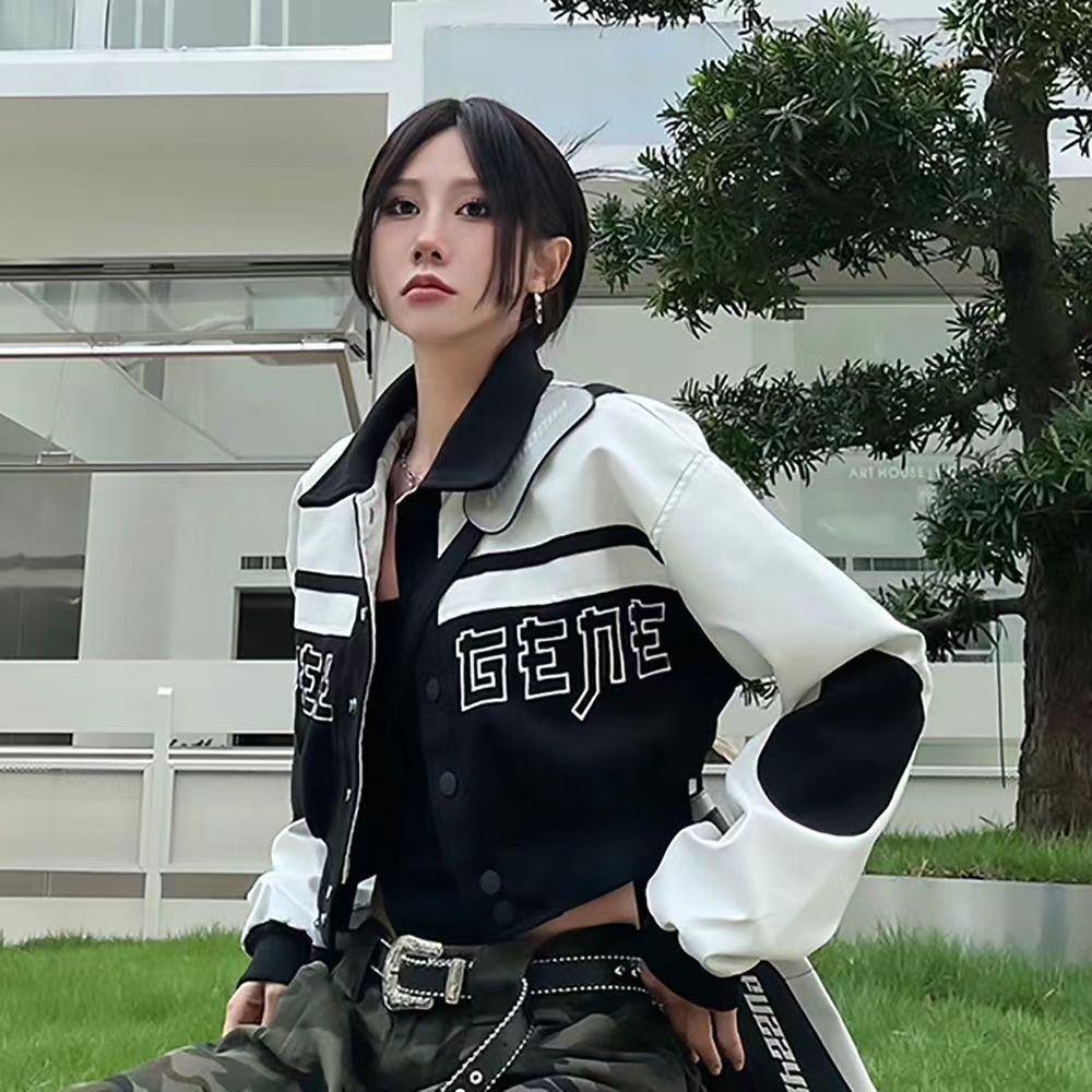 American Retro Gaya Jalan Jaket Baseball Wanita Wol PU Kulit Pendek Bersulam Patchwork Top