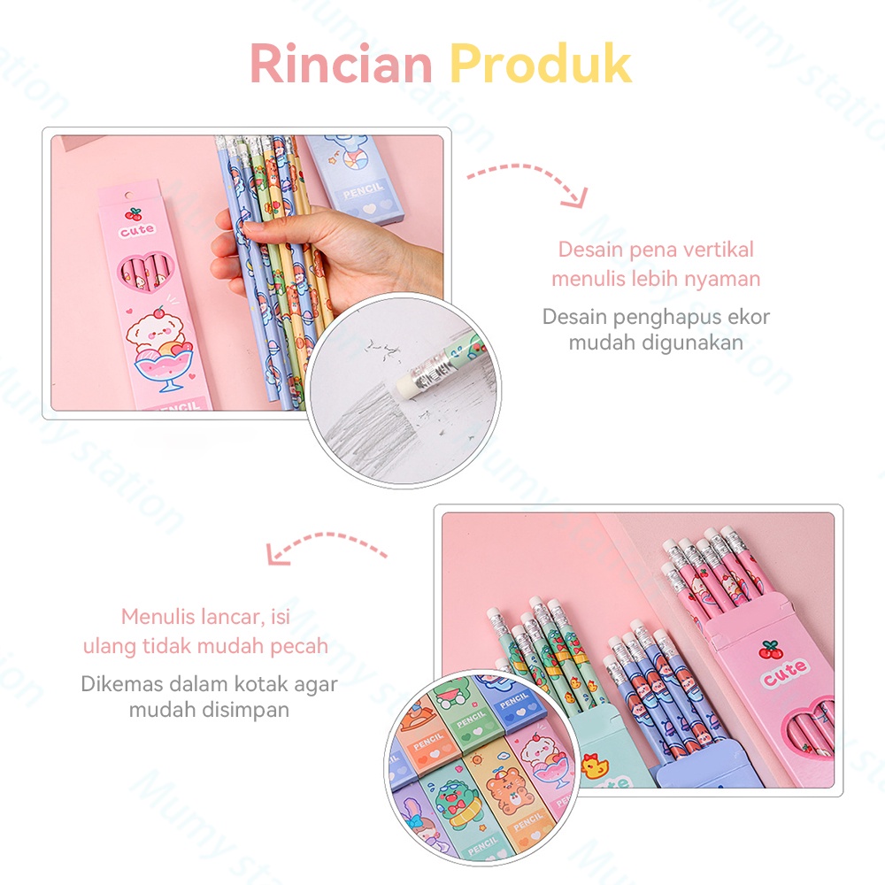 Mumystation 6pcs set pensil tulis motif/pensil set lucu/Alat tulis pensil