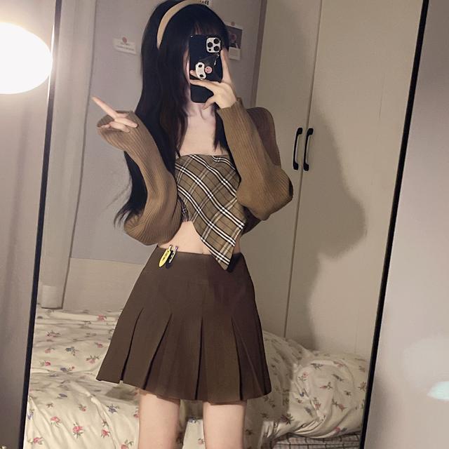 Suhao one-piece suit rusa coklat manis ~ Korea retro keinginan murni gadis panas kotak-kotak tanpa tali kamisol + rok khaki