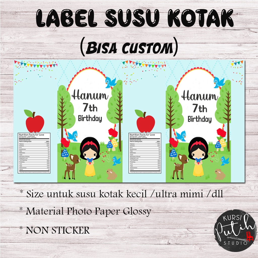 

Label Aqua Botol Kecil / susu kotak kecil bisa custom nama tema snow white putri salju
