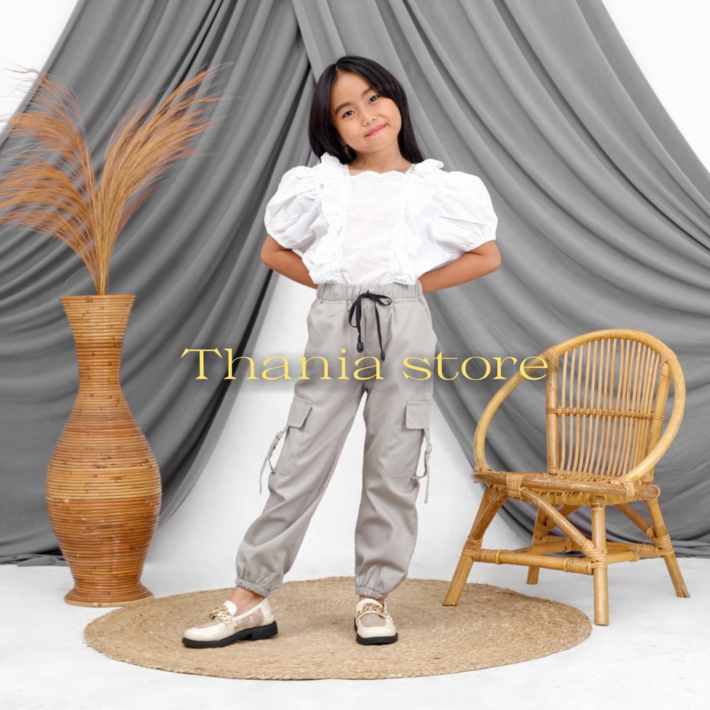 celana panjang joger cargo anak perempuan usia 1-13 tahun katun drill