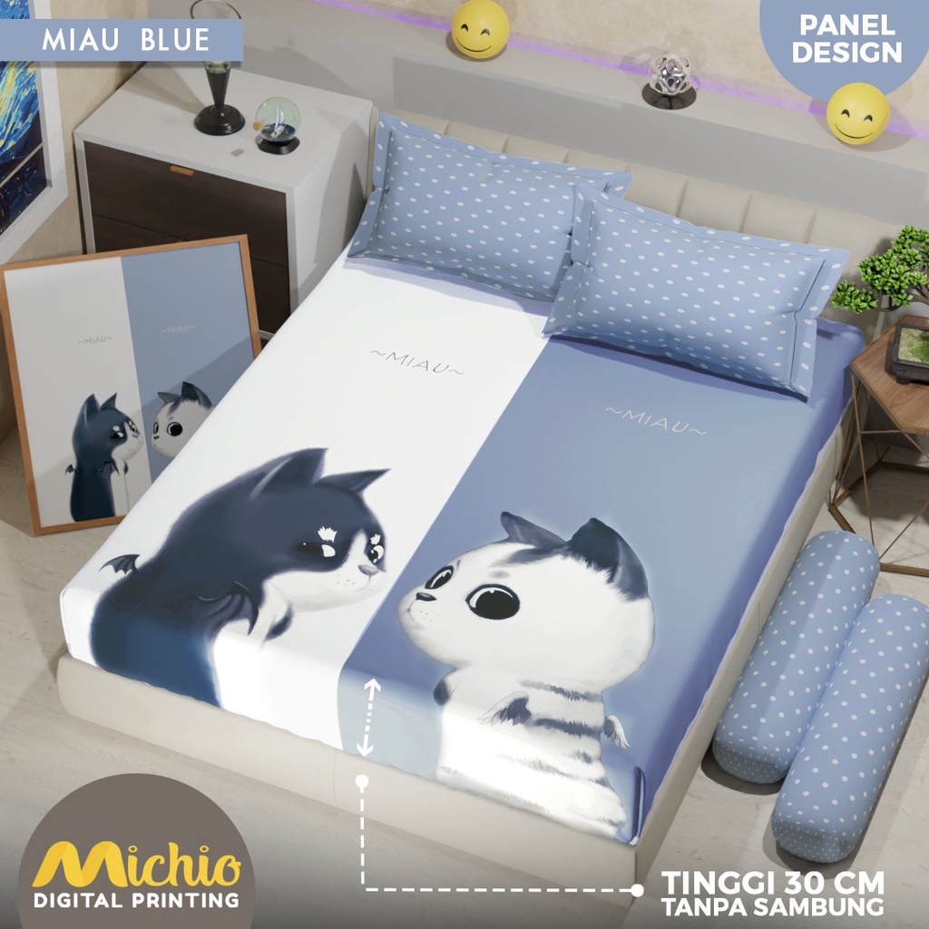 SPREI PANEL MICHIO TINGGI 30 MIAU BLUE 180X200X30 DAN 160X200X30