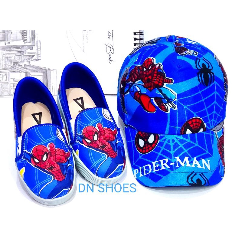 Paket Sepatu Anak Laki laki Topi Anak Paket Slip On Topi Pet Anak Laki Murah Karakter Spider-Man Biru