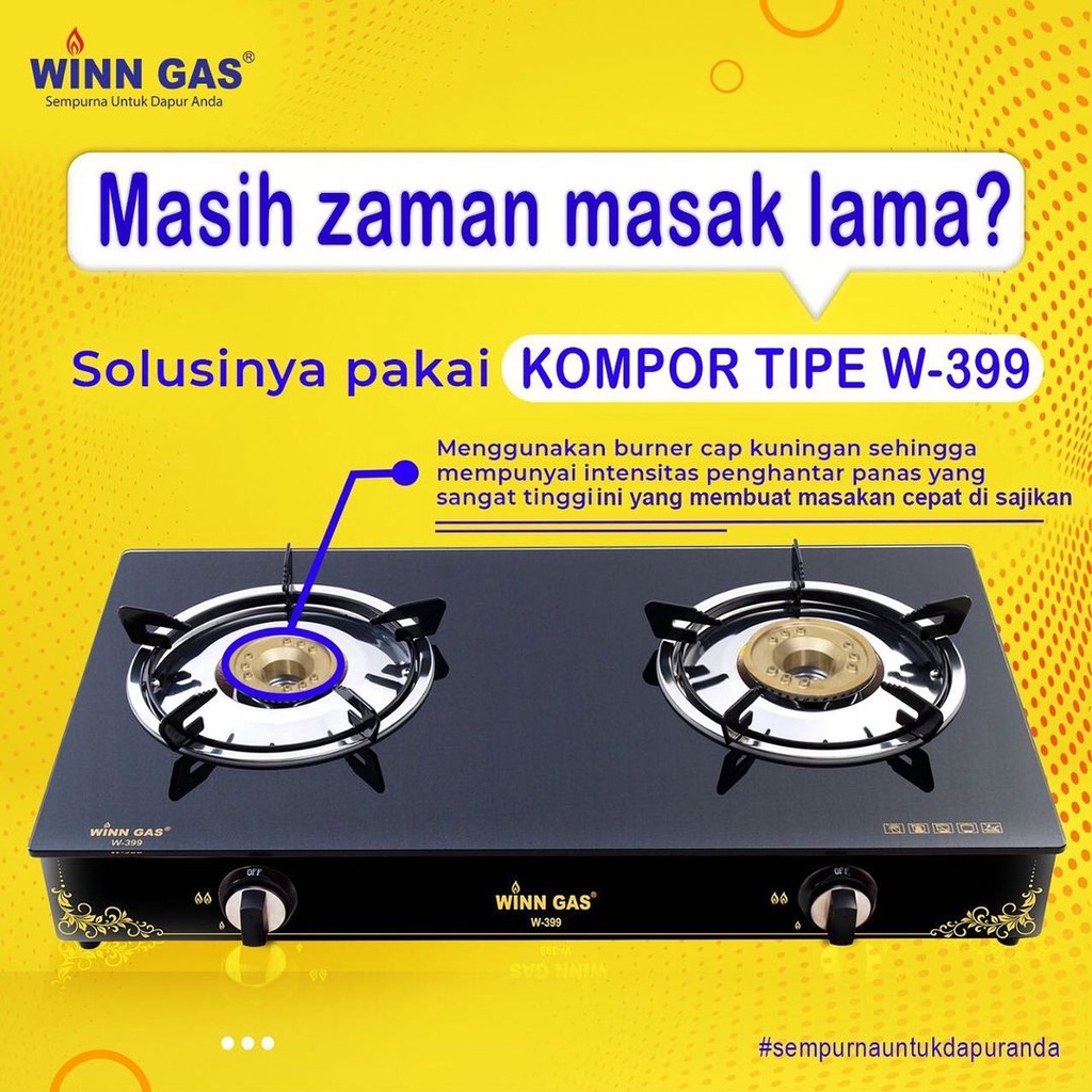 Kompor Gas Kaca 2 Tungku Winn Gas W-399 &amp; Paket Kompor Selang Regulator W88/W900