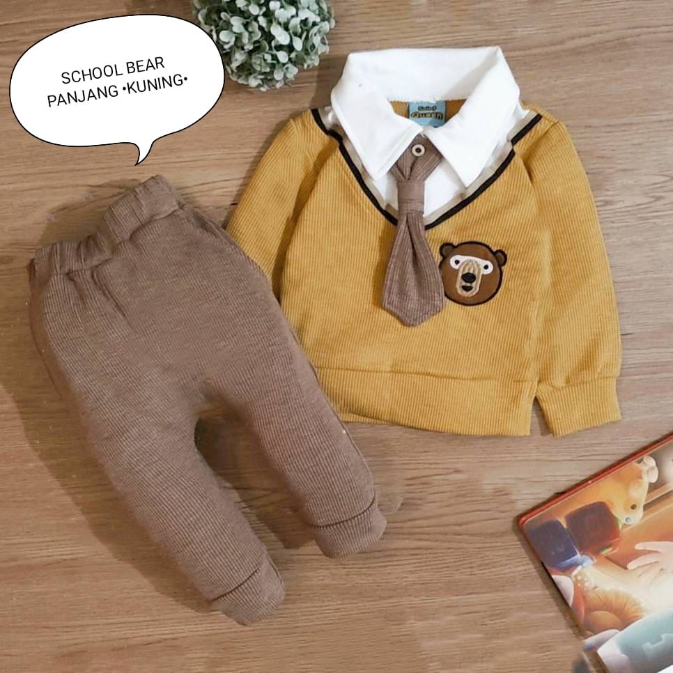 Setelan Anak Laki Laki - Baju Bayi Cowok Set Kemeja Rompi Dasi Tangan Dan Celana Pendek Dan Panjang Usia 3 Bulan-4 Tahun Motif School Bear