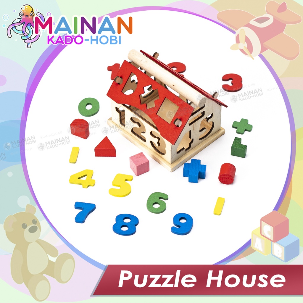 MAINAN EDUKASI ANAK JIGSAW PUZZLE BALOK RUMAH KAYU ANGKA WOODEN HOUSE