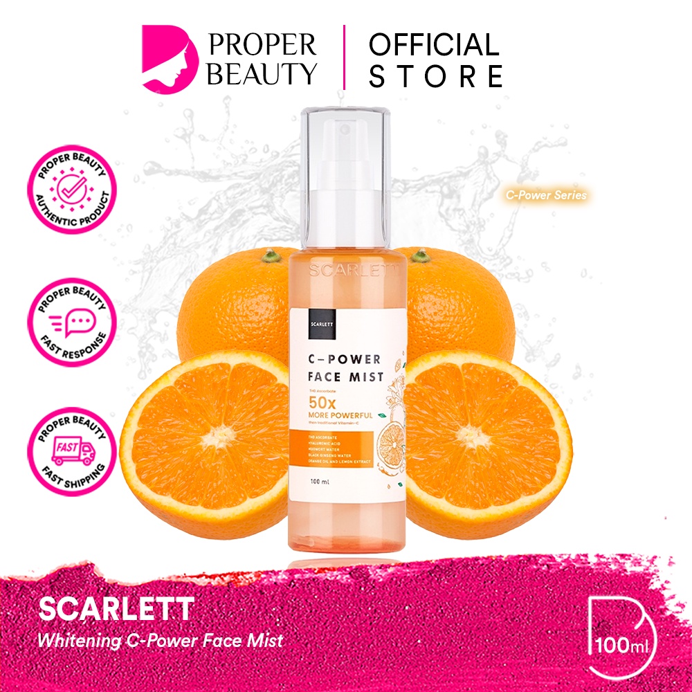 SCARLETT Whitening C-Power Face Mist Indonesia / Pelembab Wajah 100ml / 50X More Powerful Than Traditional Vitamin C / Brightening / Mencerahkan Kulit / Skincare Care / Perawatan Wajah / Paket Combo Series Facial Wash Toner Serum Mistry Cream Moisturizer