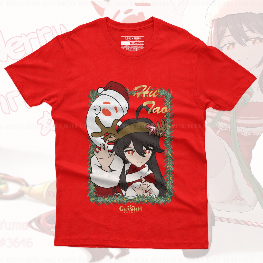 Tshirt Hu Tao Xmas Eve Anime Gaming Genshin Impact Baju Natal Kaos Anak Gamer Wibu Otaku Unisex