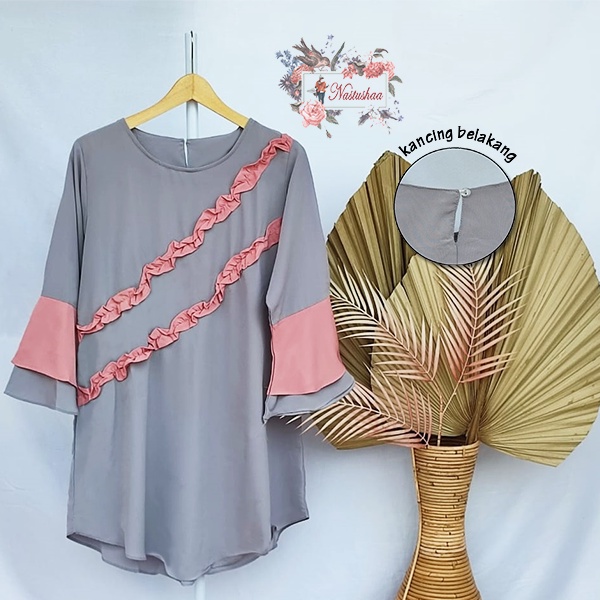 Tunik Wollycrepe Polos / Tunik Wanita Lengan Lonceng Tumpuk / Pakaian Atasan Wanita Lengan Panjang Variasi Rampel Bagian Depan