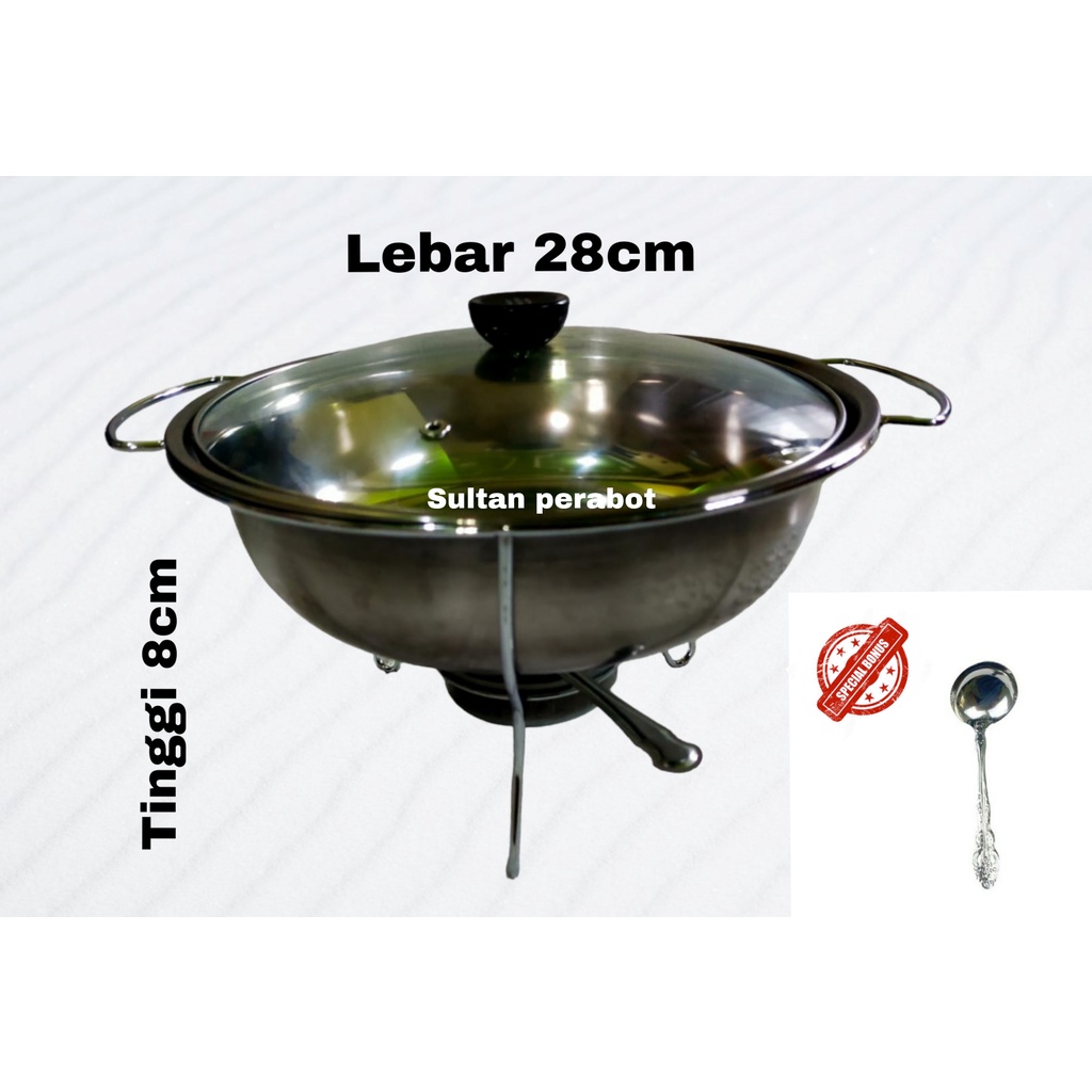 Warmer bulat baskom tempat sayur soup prasmanan saji stainless steel tutup kaca