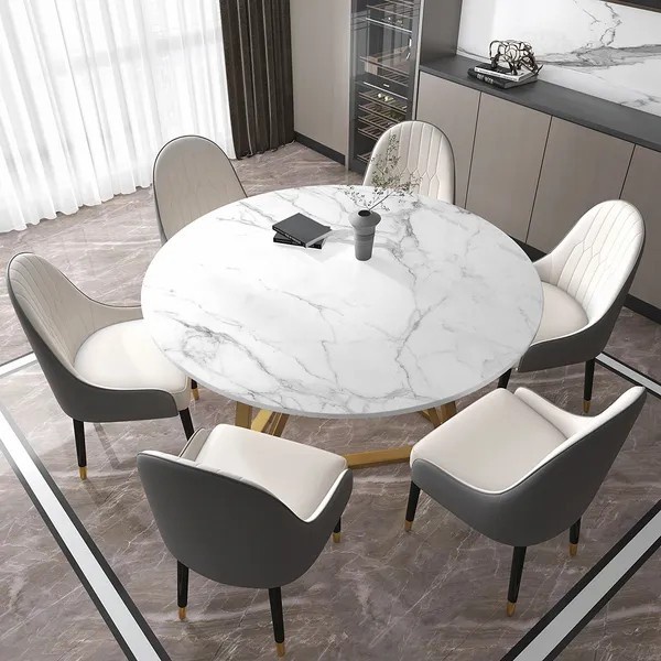 Dining Set Meja Makan Marmer Putih Carara Bulat dan 6 Kursi Makan Sofa